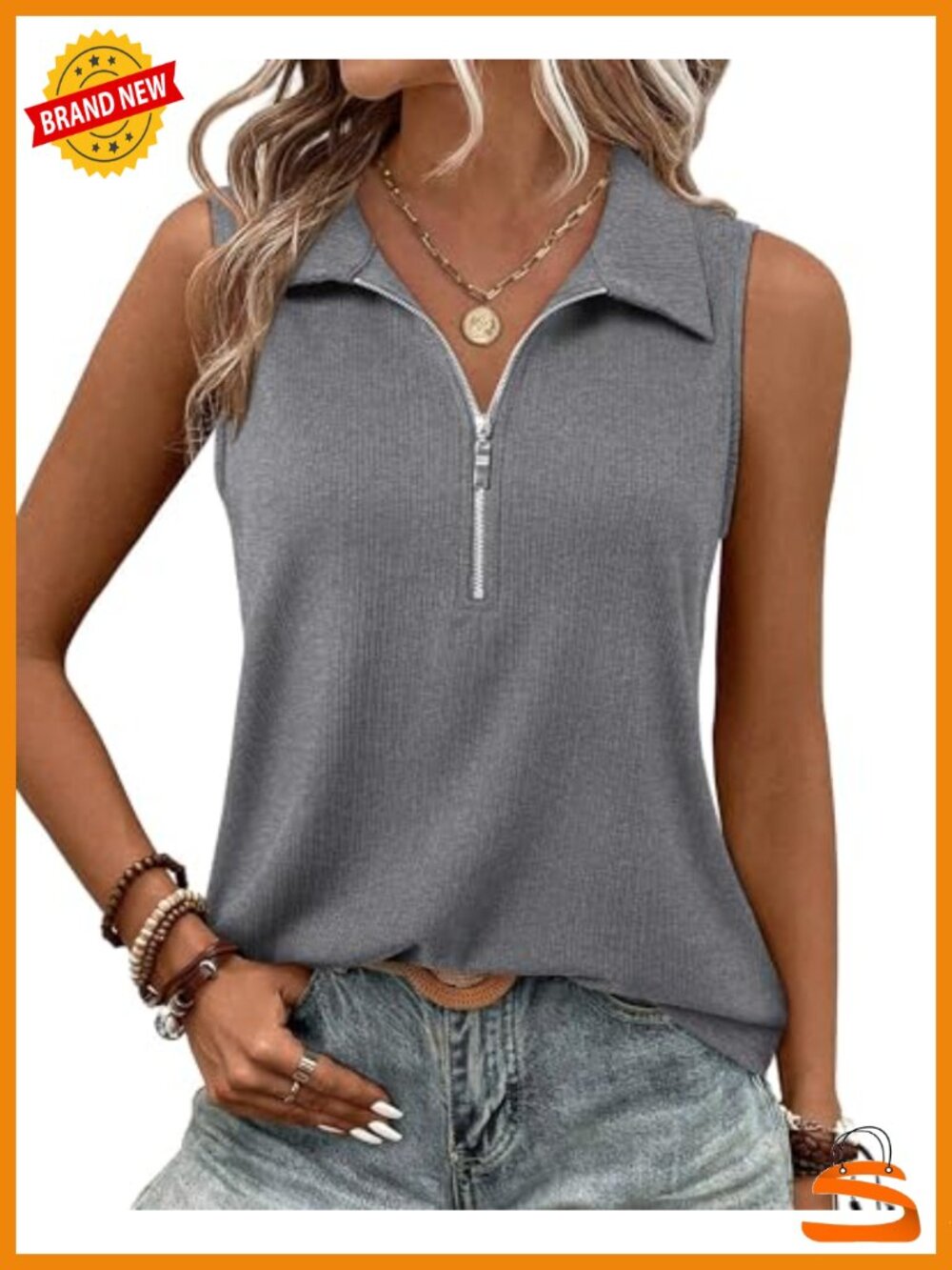 Ribbed Knit Zip V-Neck Sleeveless Tank Top Work Casual Blouse